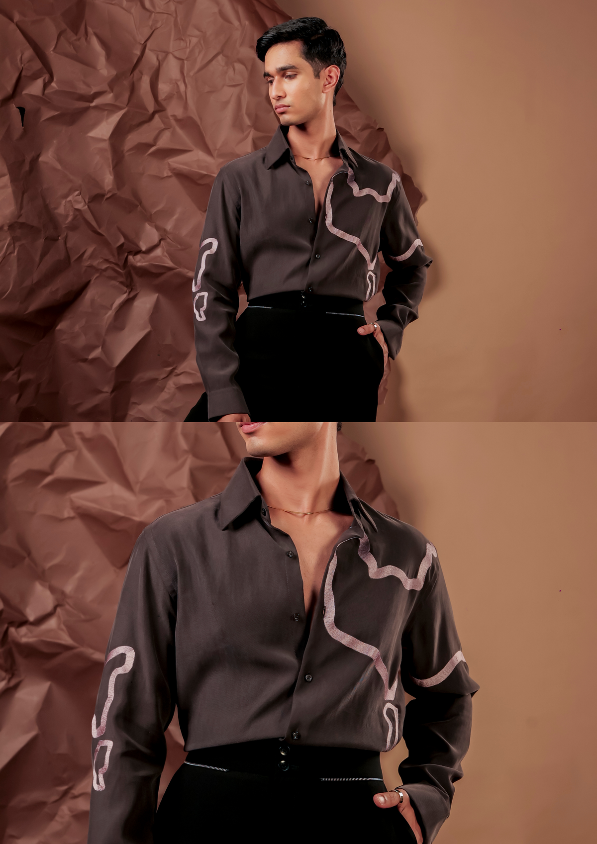 Man wearing HORD Helsinki charcoal shirt with white abstract line print, full body and detail collage