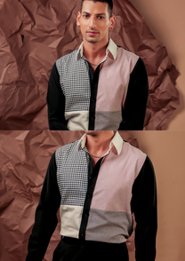 Man wearing HORD Four Seasons ivory and black colorblock shirt with gingham and pinstripe quadrants, full body and detail collage