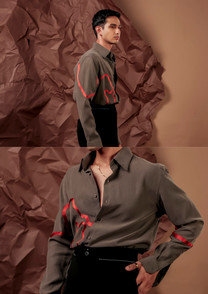 Man wearing HORD Oslo olive shirt with red abstract line print, full body and detail collage