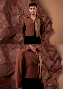 Close-up of HORD Express Highway shirt showing tan and brown vertical stripe panel on rust