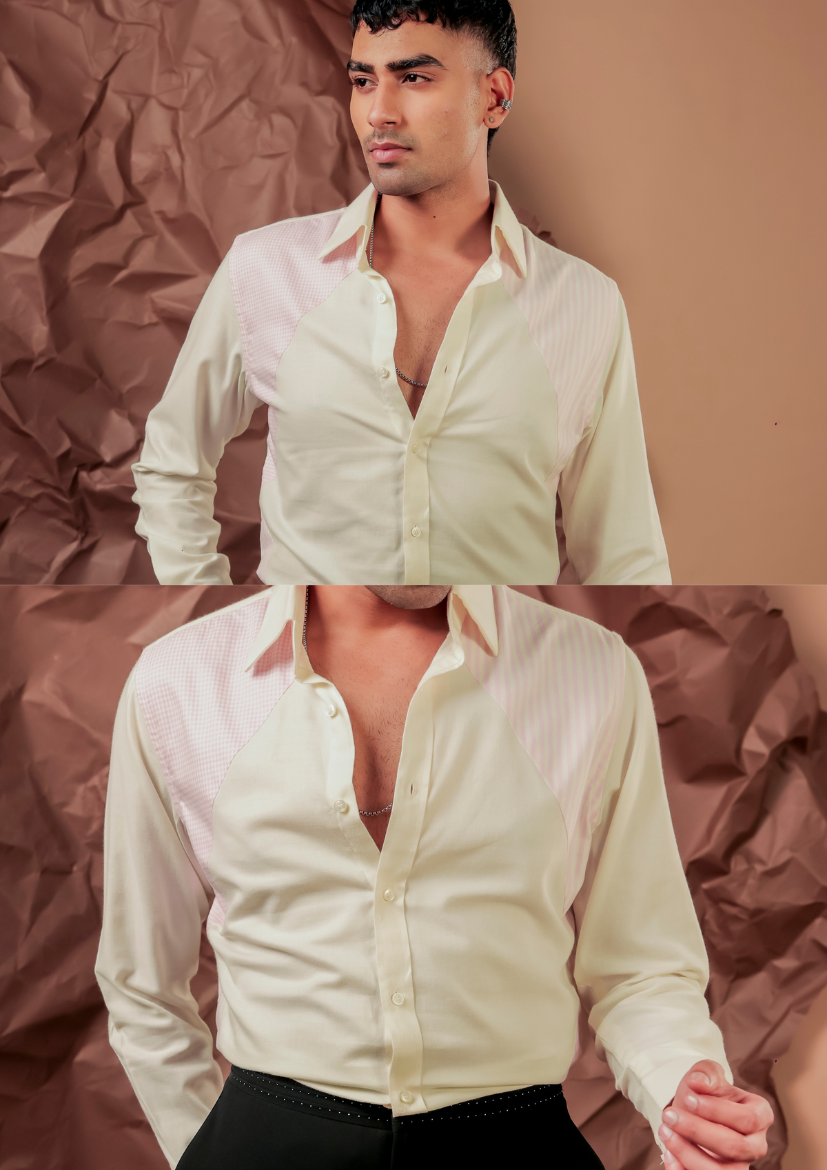 Man wearing HORD Diamond Biscuit butter yellow shirt with diamond textured yoke, full body and detail collage