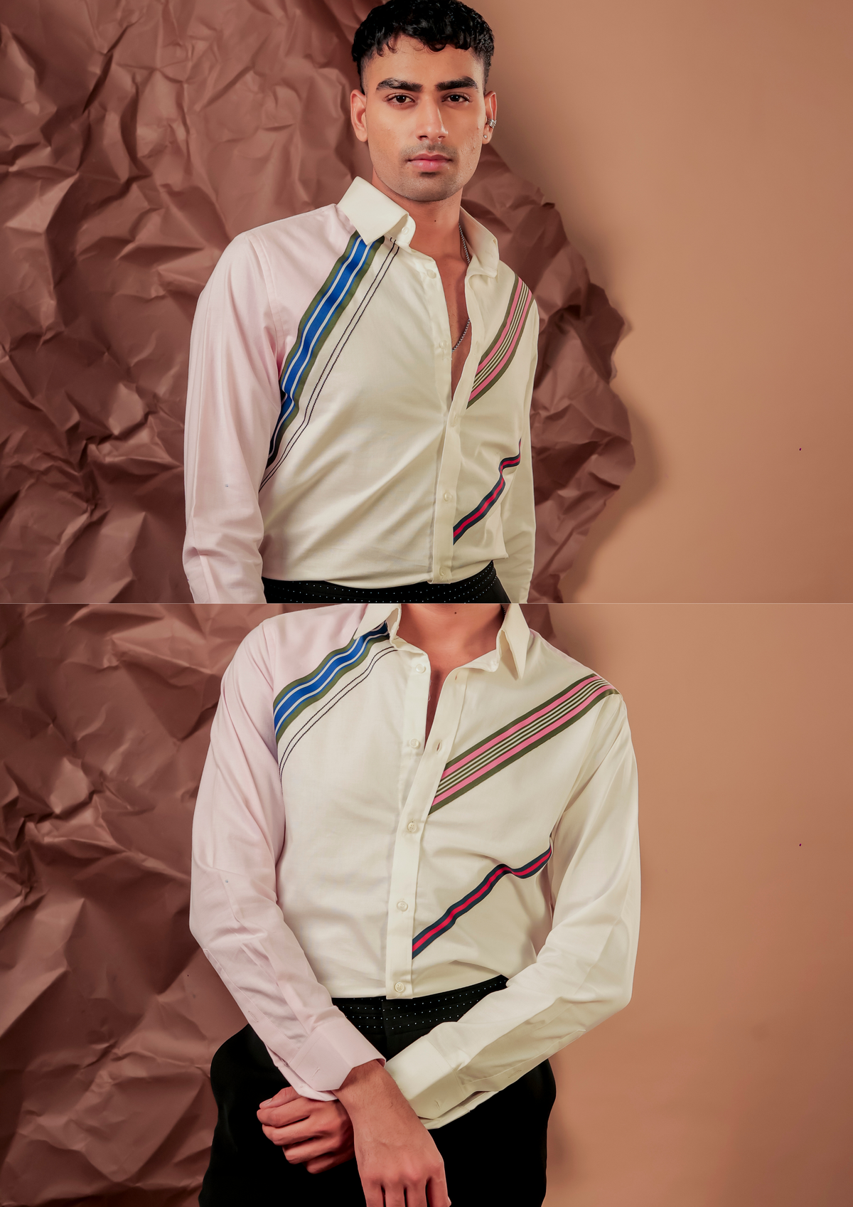 Man wearing HORD Triple Tape ivory and pink colorblock shirt with striped tape band, full body and detail collage