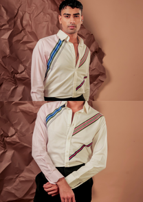 Man wearing HORD Triple Tape ivory and pink colorblock shirt with striped tape band, full body and detail collage