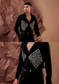 Close-up of HORD Placement Issues shirt showing ivory geometric diamond embellishment on black