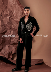 Man wearing HORD Placement Issues black shirt with twin diamond embellished panels, full-length studio shot