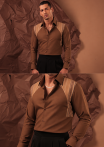 Close-up of HORD Bronze Brigade shirt showing striped beige shoulder panels on bronze