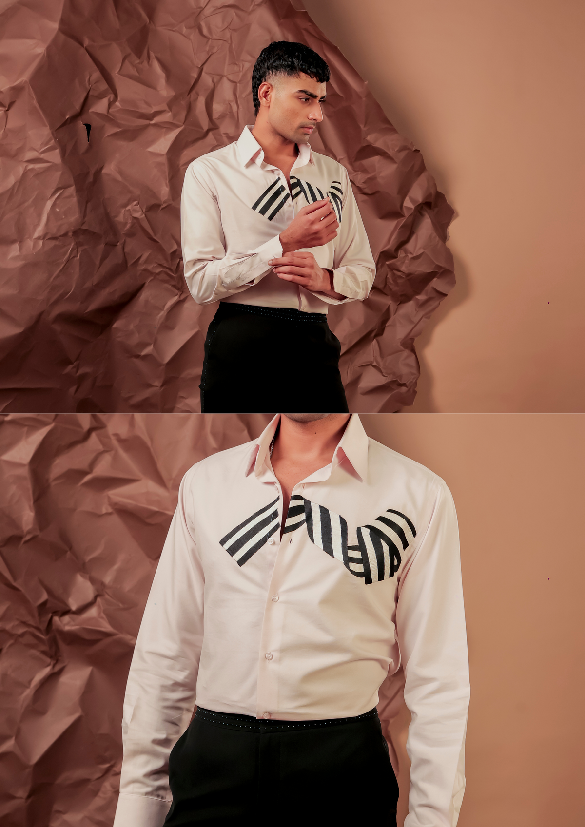 Man wearing HORD Ribbonaire white shirt with black graphic ribbon print, full body and detail collage