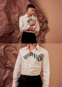 Man wearing HORD Ribbonaire white shirt with black graphic ribbon print, full body and detail collage