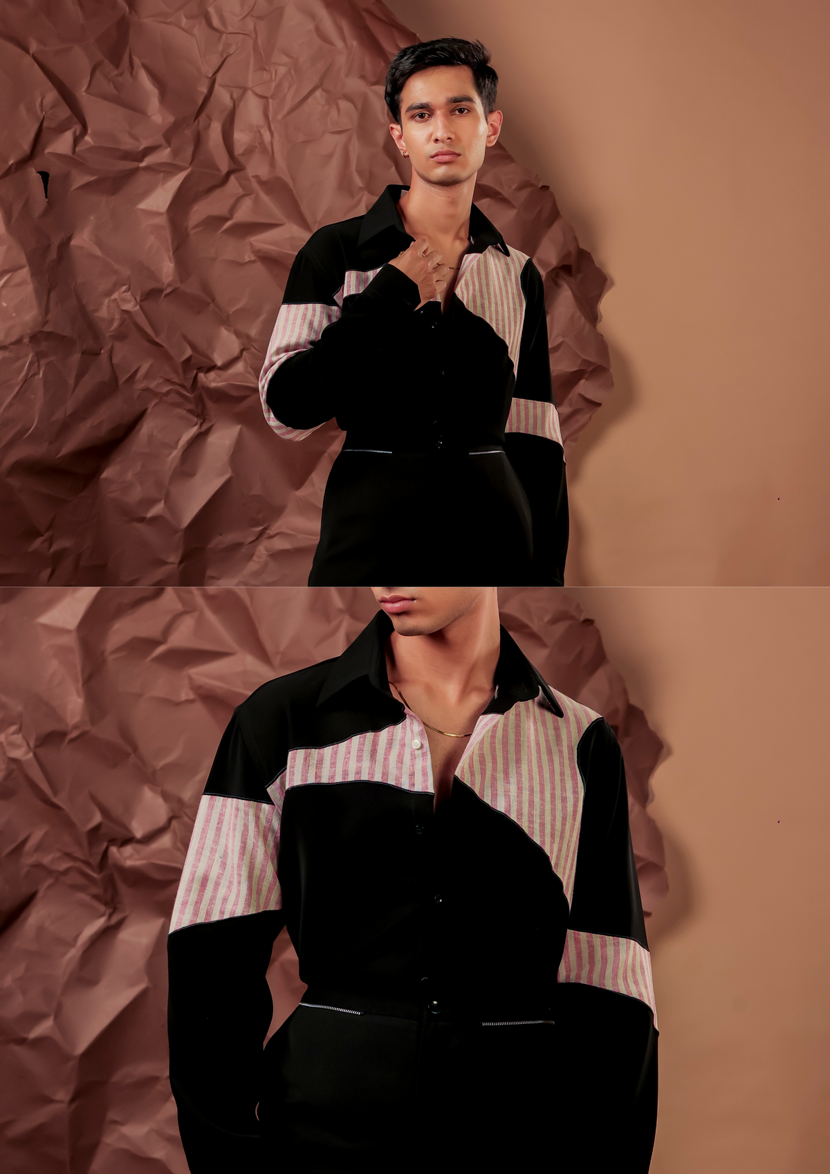 Man wearing HORD Shapio black and pink pinstripe diagonal colorblock shirt, full body and detail collage