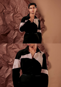 Man wearing HORD Shapio black and pink pinstripe diagonal colorblock shirt, full body and detail collage