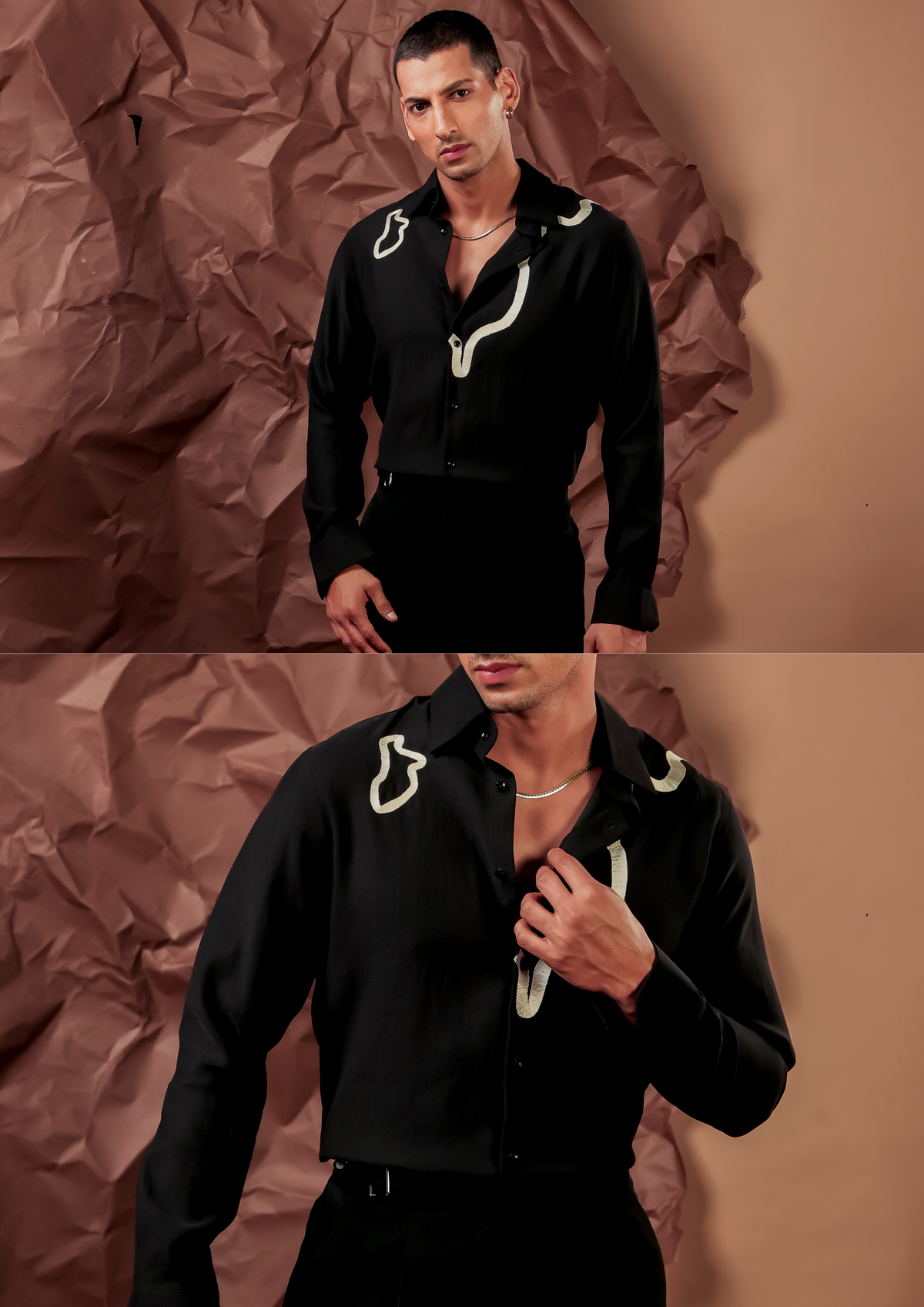 Man wearing HORD Denver black shirt with cream abstract line print, full body and detail collage