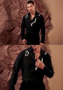 Man wearing HORD Denver black shirt with cream abstract line print, full body and detail collage