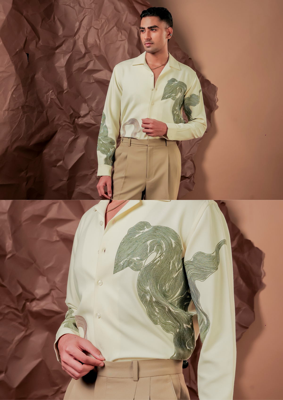 Man wearing HORD Fluid Art abstract print ivory shirt with beige tailored trousers, full body shot
