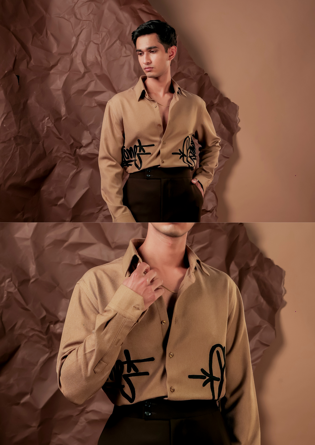 Close-up of HORD Con Man shirt showing black graffiti tag marks on camel