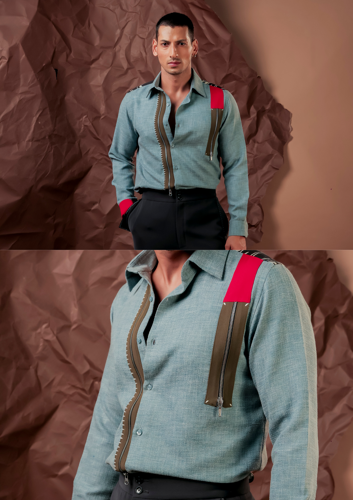 Man wearing HORD Bluetiful Block sage shirt with red shoulder panel and zipper placket, full body and detail collage