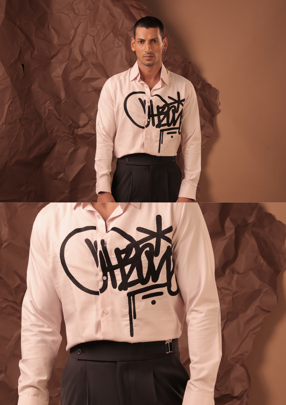 Close-up of HORD Imposter shirt showing black graffiti tag with drips on blush pink