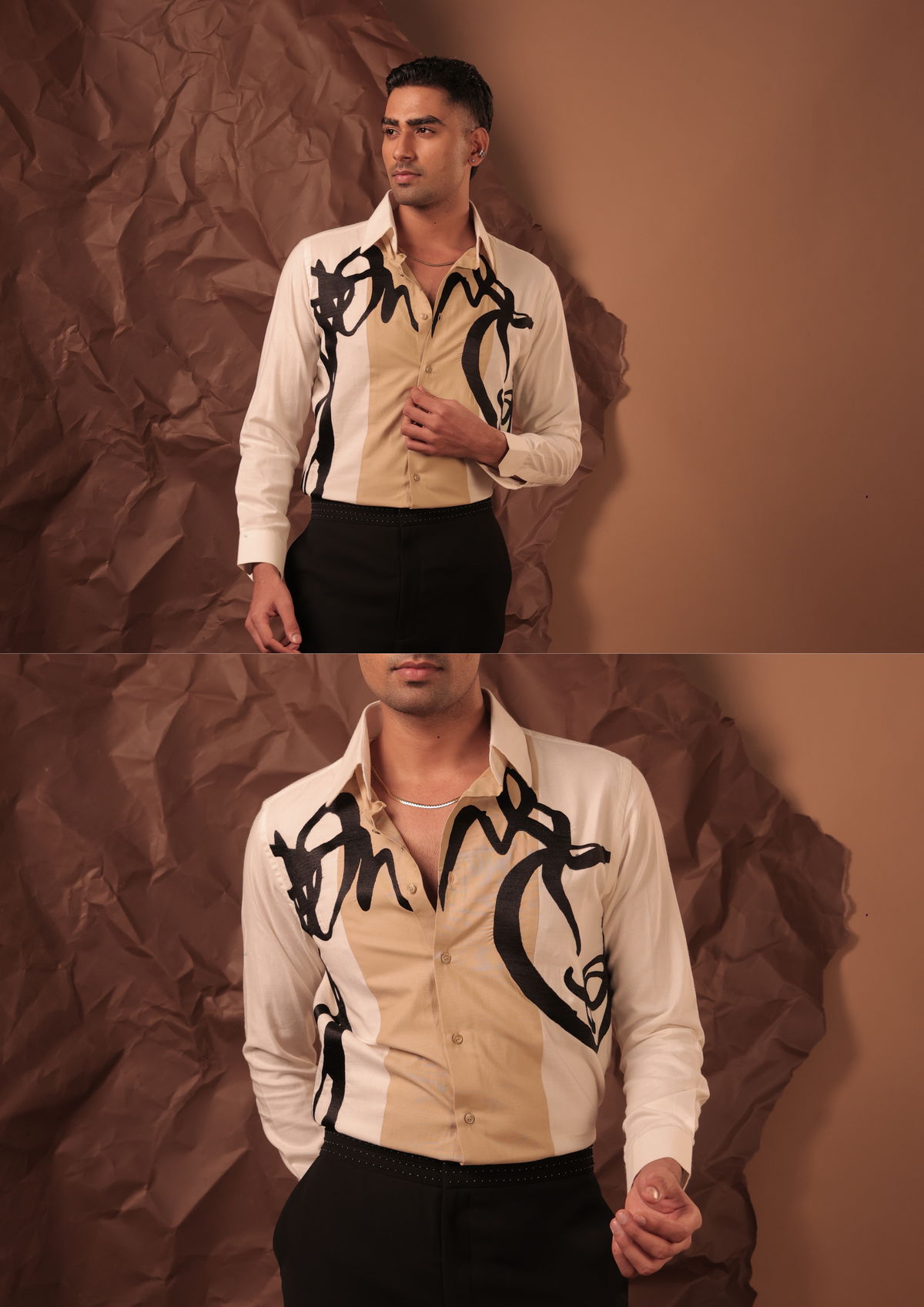 Close-up of HORD Decoit shirt showing black calligraphy strokes over ivory and beige panels