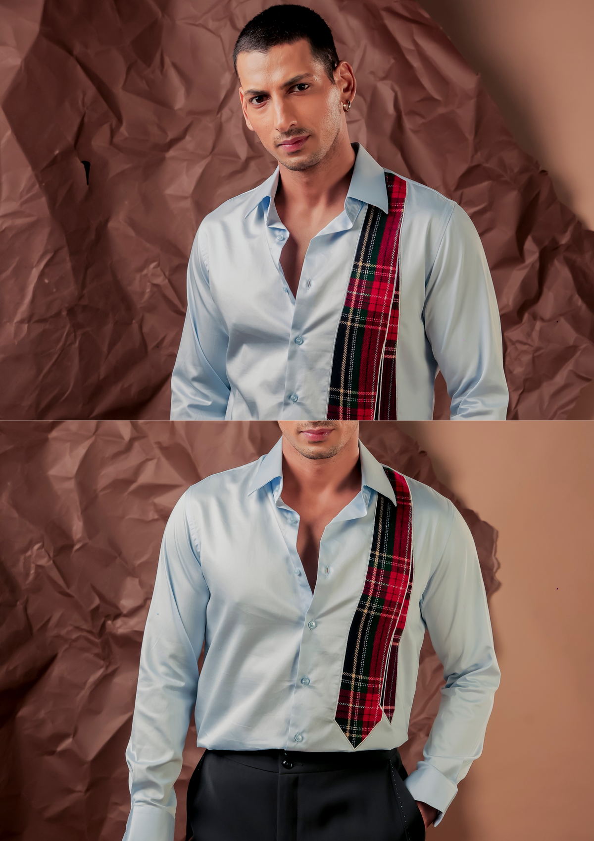 Man wearing HORD Corporate Cosplay light blue shirt with printed tartan tie graphic, full body and detail collage