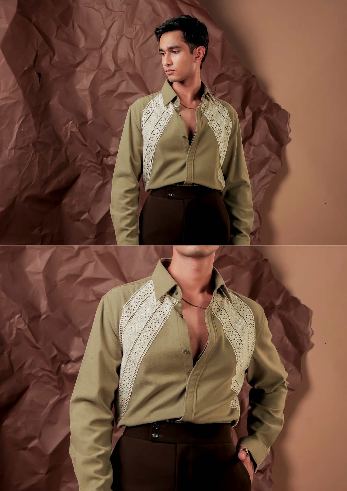 Man wearing HORD Piecetachio pistachio green shirt with ivory lace shoulder panels, full body and detail collage
