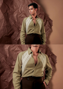 Man wearing HORD Piecetachio pistachio green shirt with ivory lace shoulder panels, full body and detail collage