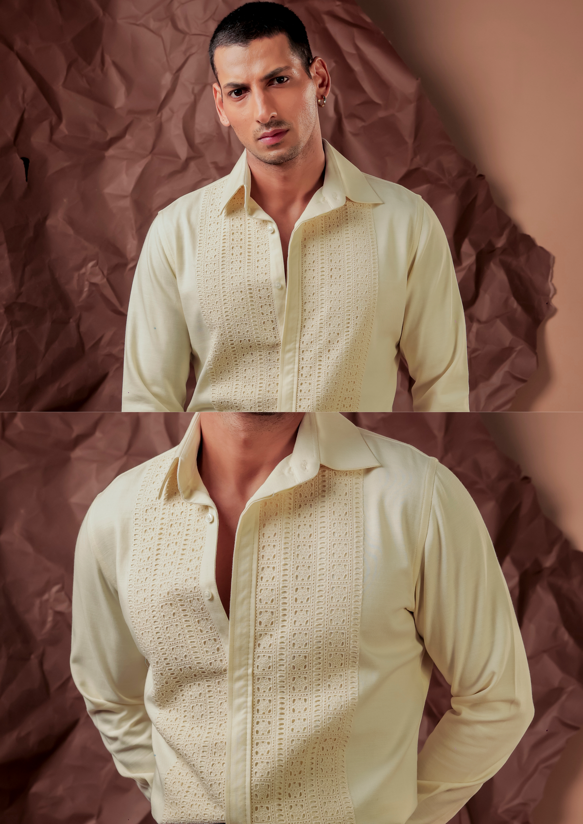 Man wearing HORD Lace In Place pale yellow shirt with tonal lace placket panel, full body and detail collage