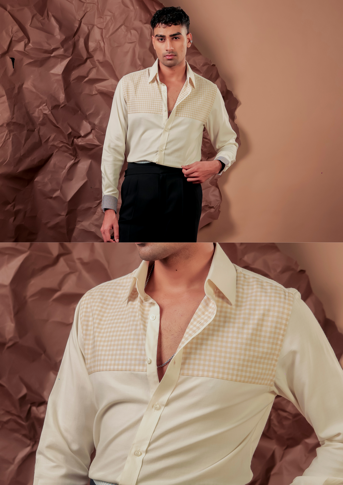 Man wearing HORD Teen Age cream shirt with beige gingham yoke panel, full body and detail collage