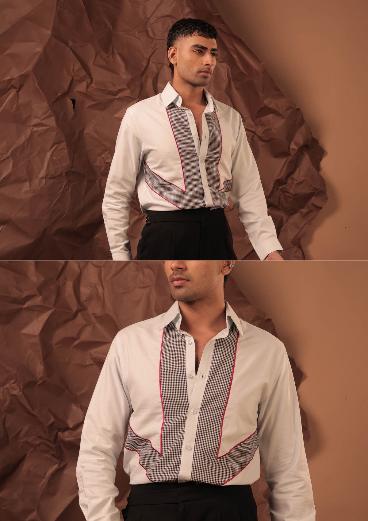 Man wearing HORD Gingham Style white shirt with black and white gingham bib panel, full body and detail collage