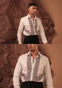 Man wearing HORD Gingham Style white shirt with black and white gingham bib panel, full body and detail collage