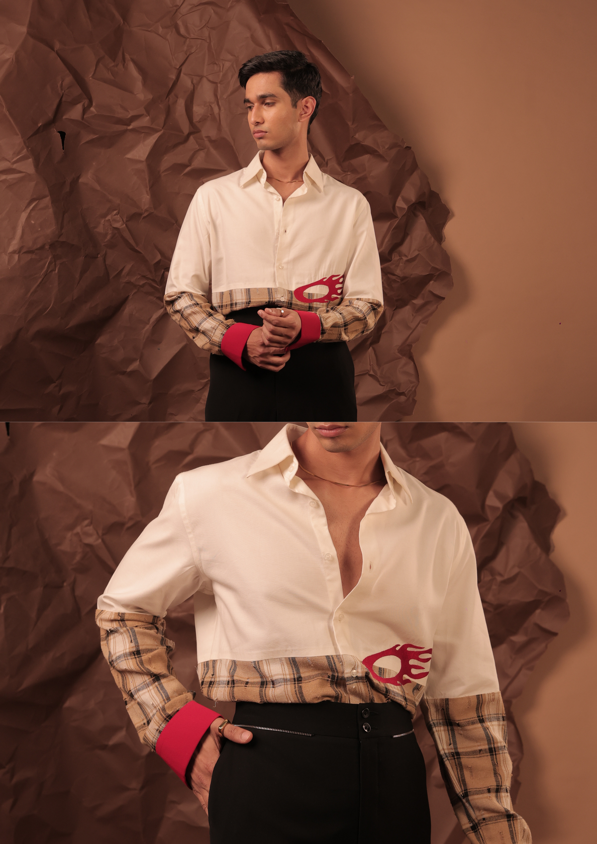 Close-up of HORD Fifty Fifty shirt showing cream top, tan plaid hem and sleeves, red cuff and flame motif
