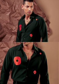Man wearing HORD Spaghetti dark green shirt with red embroidered spot appliques, full body and detail collage