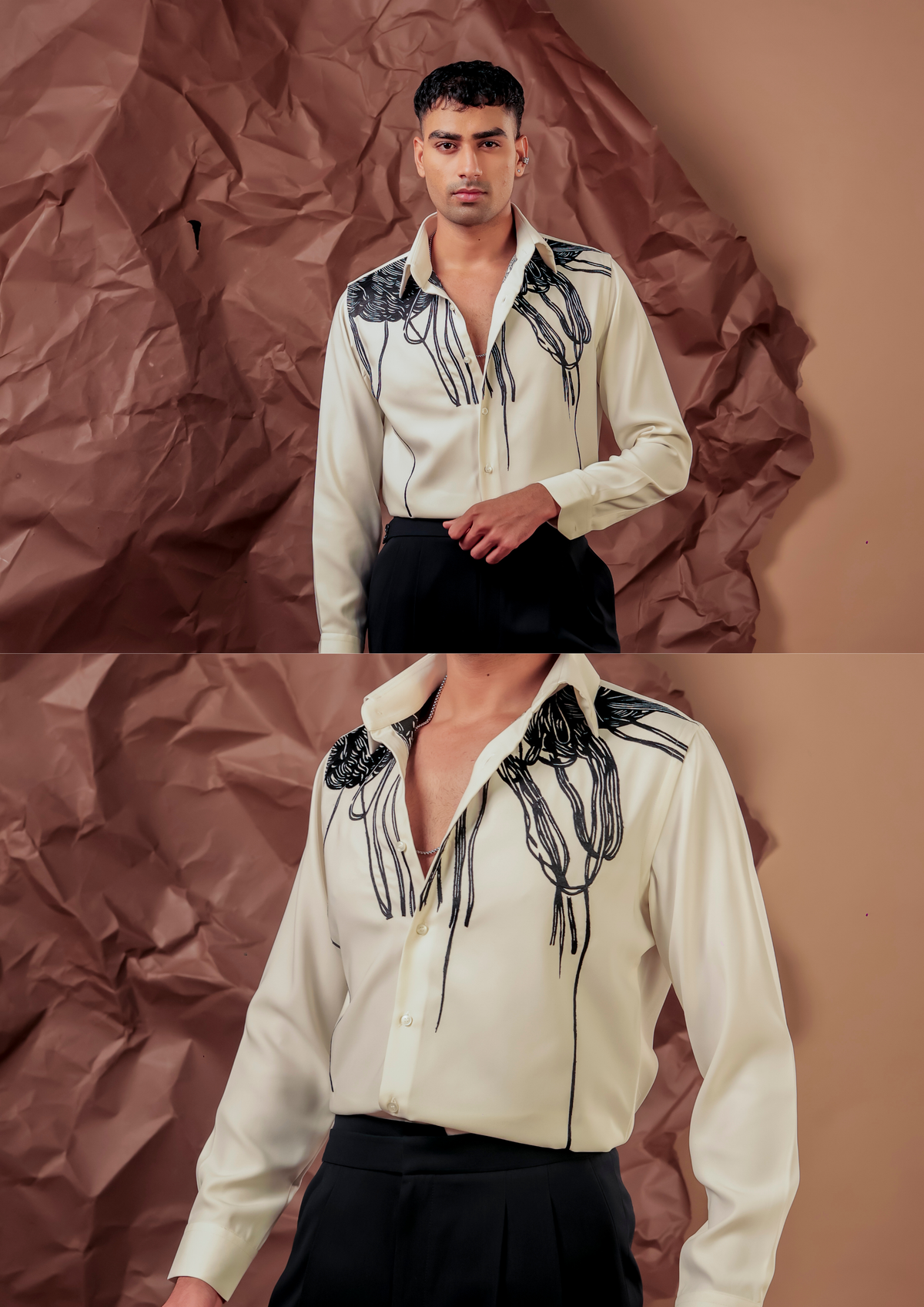 Man wearing HORD Saturated Placement ivory shirt with black abstract line-art motif, full body and detail collage