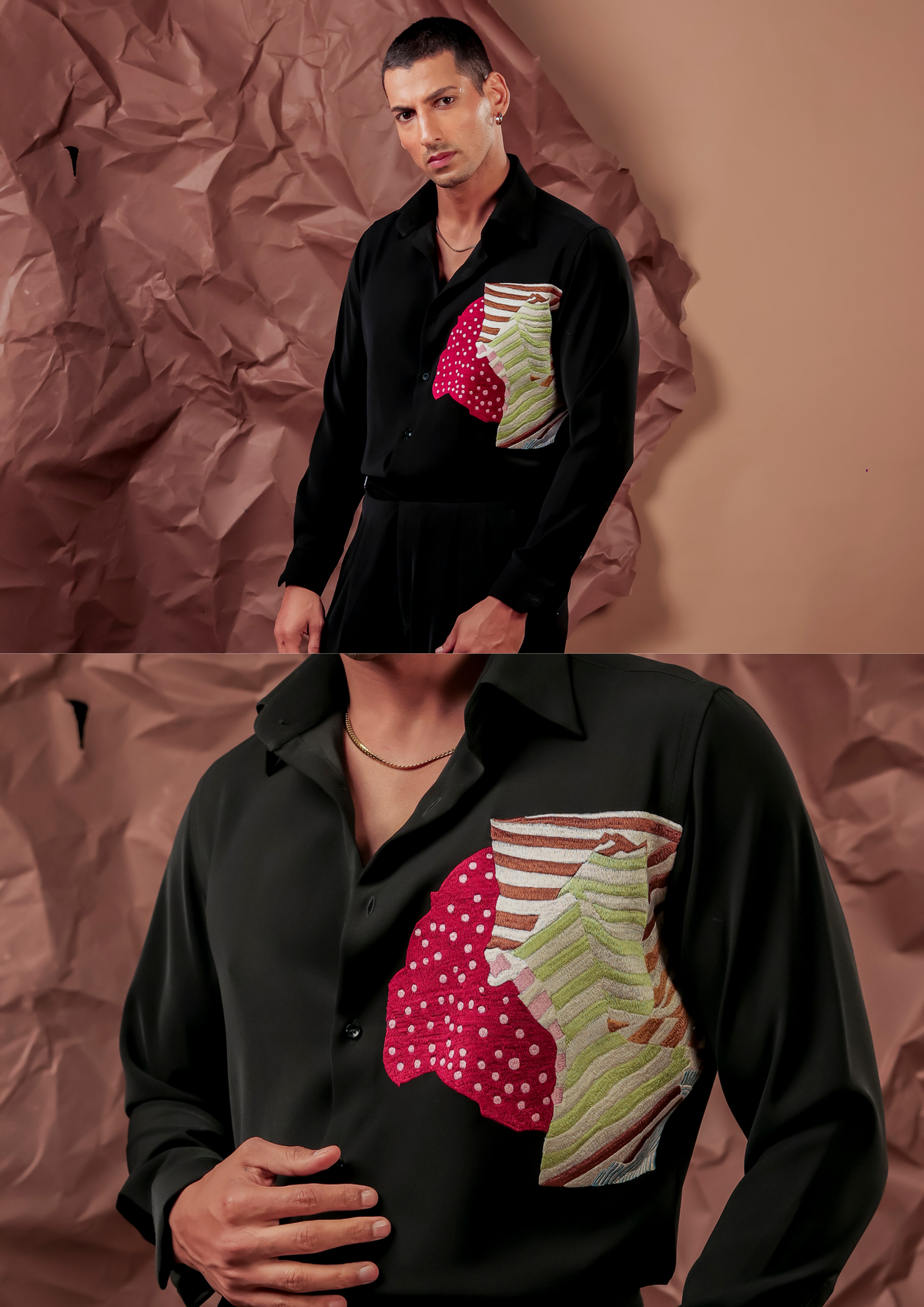Man wearing HORD One Of A Kind black shirt with colorful patchwork panel, full body and detail collage