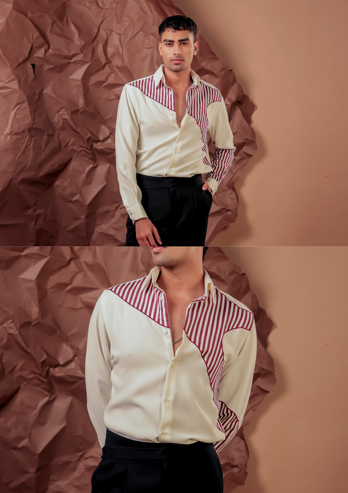 Man wearing HORD Mendio ivory and maroon pinstripe diagonal colorblock shirt, full body and detail collage