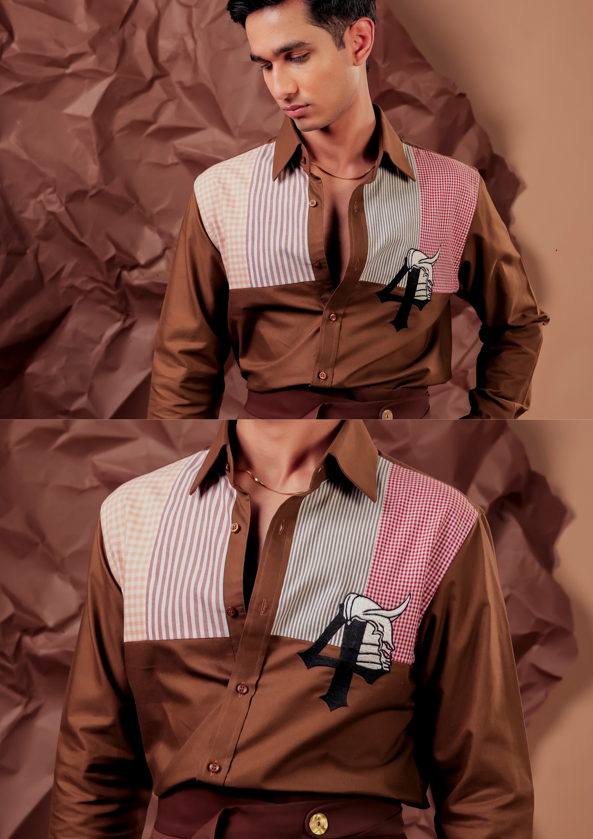 Man wearing HORD Four In A Row brown shirt with multicolor patchwork panel and horse emblem, full body and detail collage