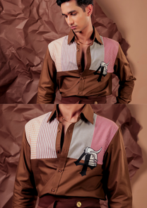 Man wearing HORD Four In A Row brown shirt with multicolor patchwork panel and horse emblem, full body and detail collage