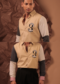 Man wearing HORD Love Triangle khaki shirt with striped sleeves and varsity number patch, full body and detail collage
