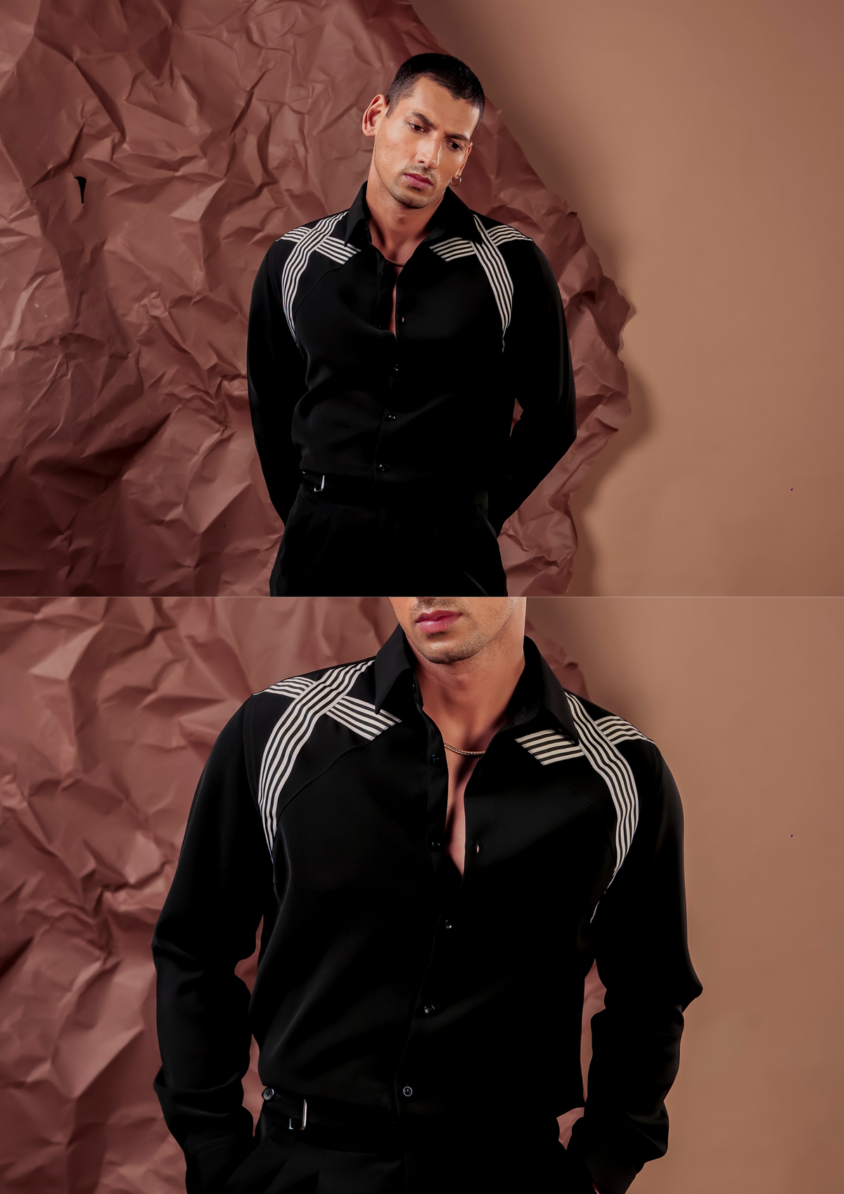 Close-up of HORD Almost Synthetic Black shirt showing crossed ivory tape stripes on black shoulders