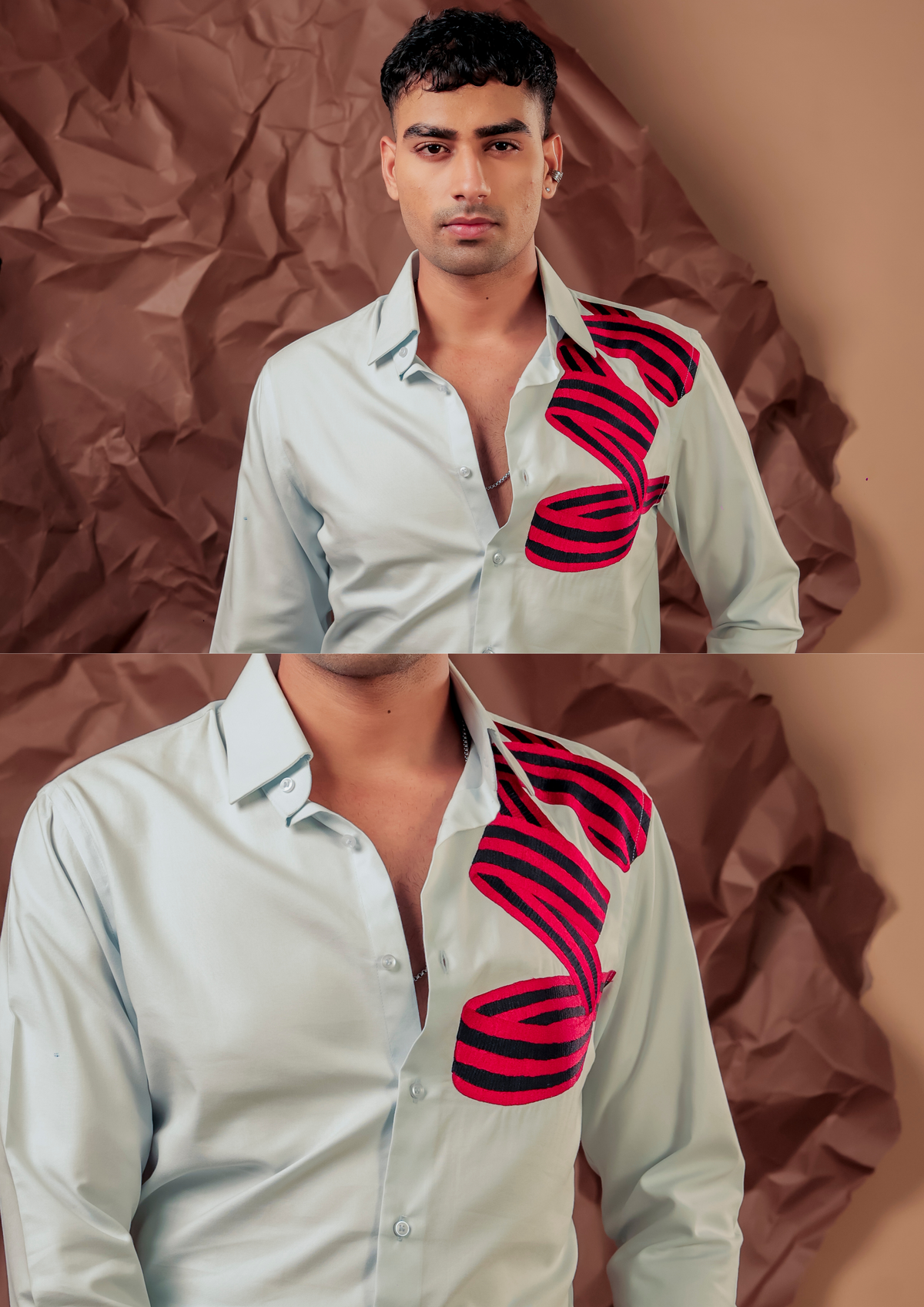Close-up of HORD Twillusion shirt showing red and navy twisted tape ribbon on pale grey