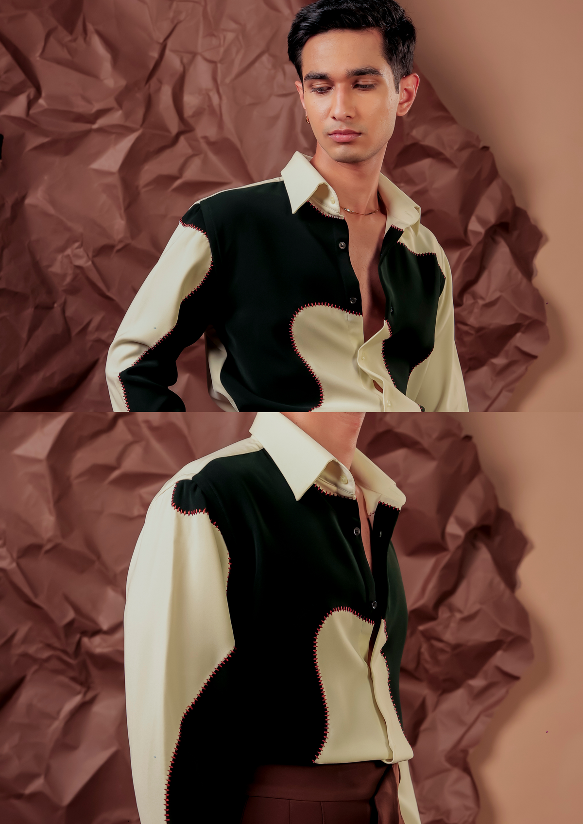 Man wearing HORD Bubble Trouble black and cream shirt with organic colorblock and red stitch edges, full body and detail collage