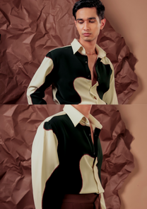 Man wearing HORD Bubble Trouble black and cream shirt with organic colorblock and red stitch edges, full body and detail collage