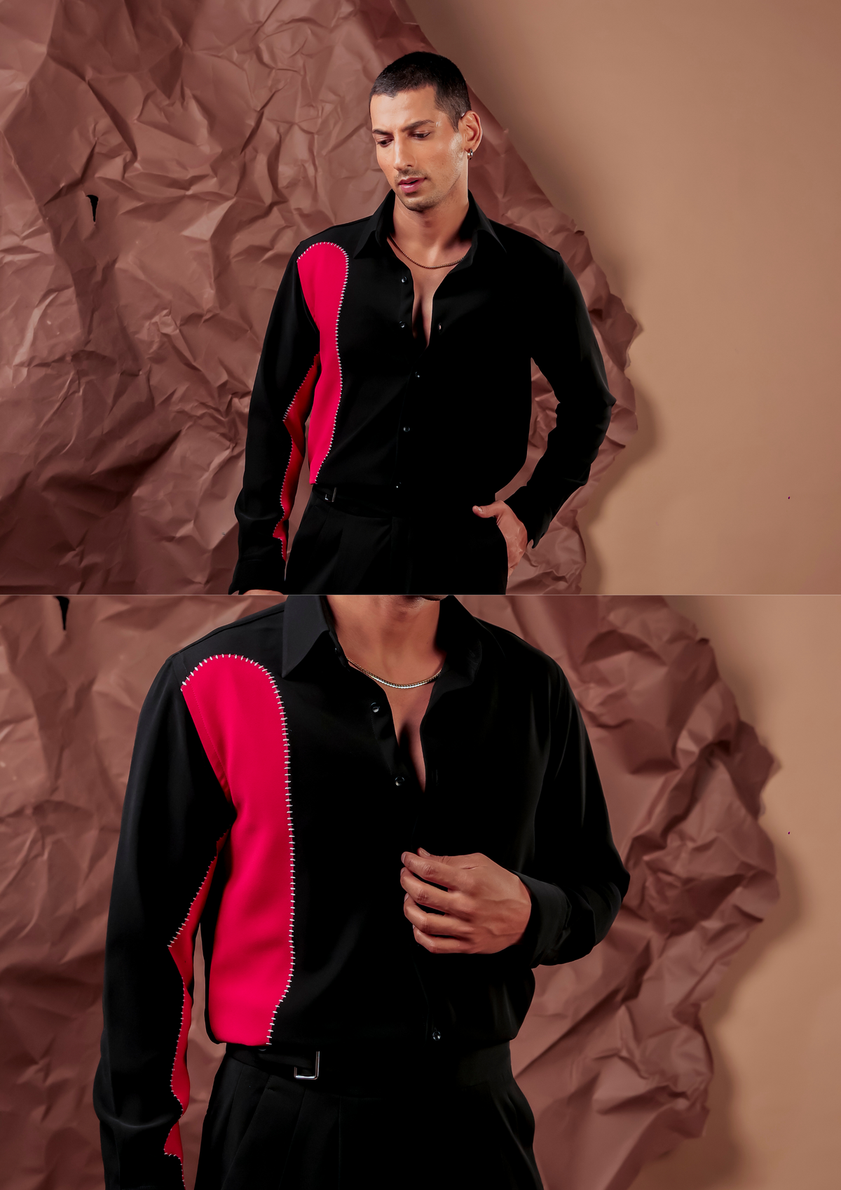 Man wearing HORD Pattern Pudding black shirt with red organic colorblock and white stitch edges, full body and detail collage
