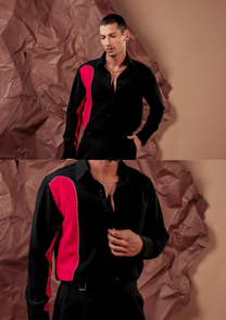 Man wearing HORD Pattern Pudding black shirt with red organic colorblock and white stitch edges, full body and detail collage