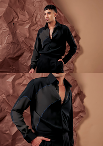 Man wearing HORD Jelly Bean black shirt with charcoal organic panel and blue stitch edges, full body and detail collage