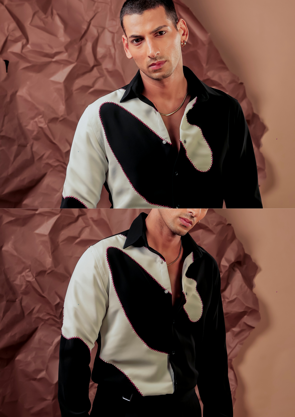 Man wearing HORD Cloud Storage black and cream shirt with organic cloud-shaped colorblock, full body and detail collage