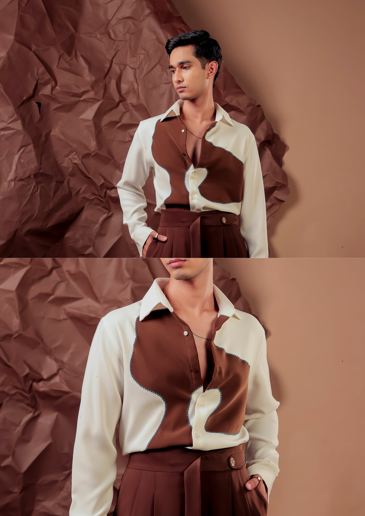 Man wearing HORD Oil Spill ivory and brown shirt with organic colorblock panel, full body and detail collage