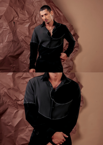 Man wearing HORD Spare Parts black shirt with white curved topstitching, full body and detail collage