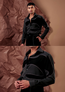 Man wearing HORD Damage Control black shirt with tonal organic panel and white stitch edges, full body and detail collage