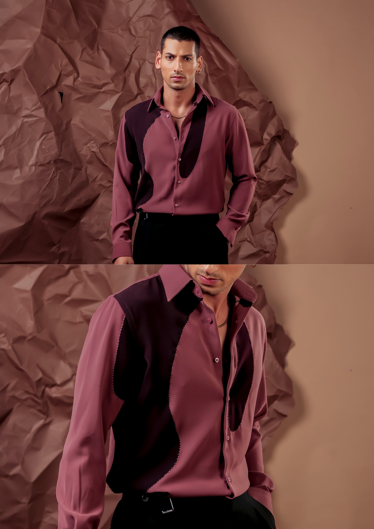Man wearing HORD Shape Soup mauve shirt with burgundy organic colorblock panel, full body and detail collage