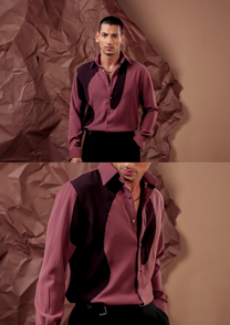 Man wearing HORD Shape Soup mauve shirt with burgundy organic colorblock panel, full body and detail collage