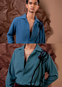 Man wearing HORD Tastefully Out Of Place teal shirt with dark abstract line print, full body and detail collage